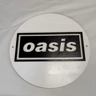 Front view of Oasis wall plaque, 12 inch two‑layer MDF engraved Britpop artwork