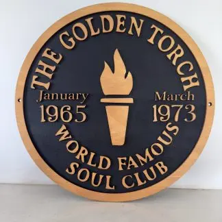 Front view of The Golden Torch wall plaque, 12 inch two‑layer MDF engraved Northern Soul artwork”
