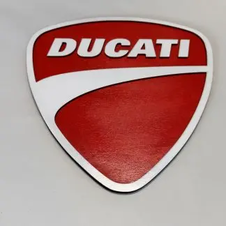 Front view of Ducati badge sign, 28 × 30 cm two‑layer MDF engraved motorcycle artwork