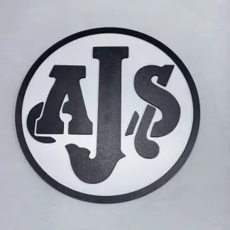 Front view of AJS motorcycle sign, 29.5 cm two‑layer MDF engraved classic motorbike artwork