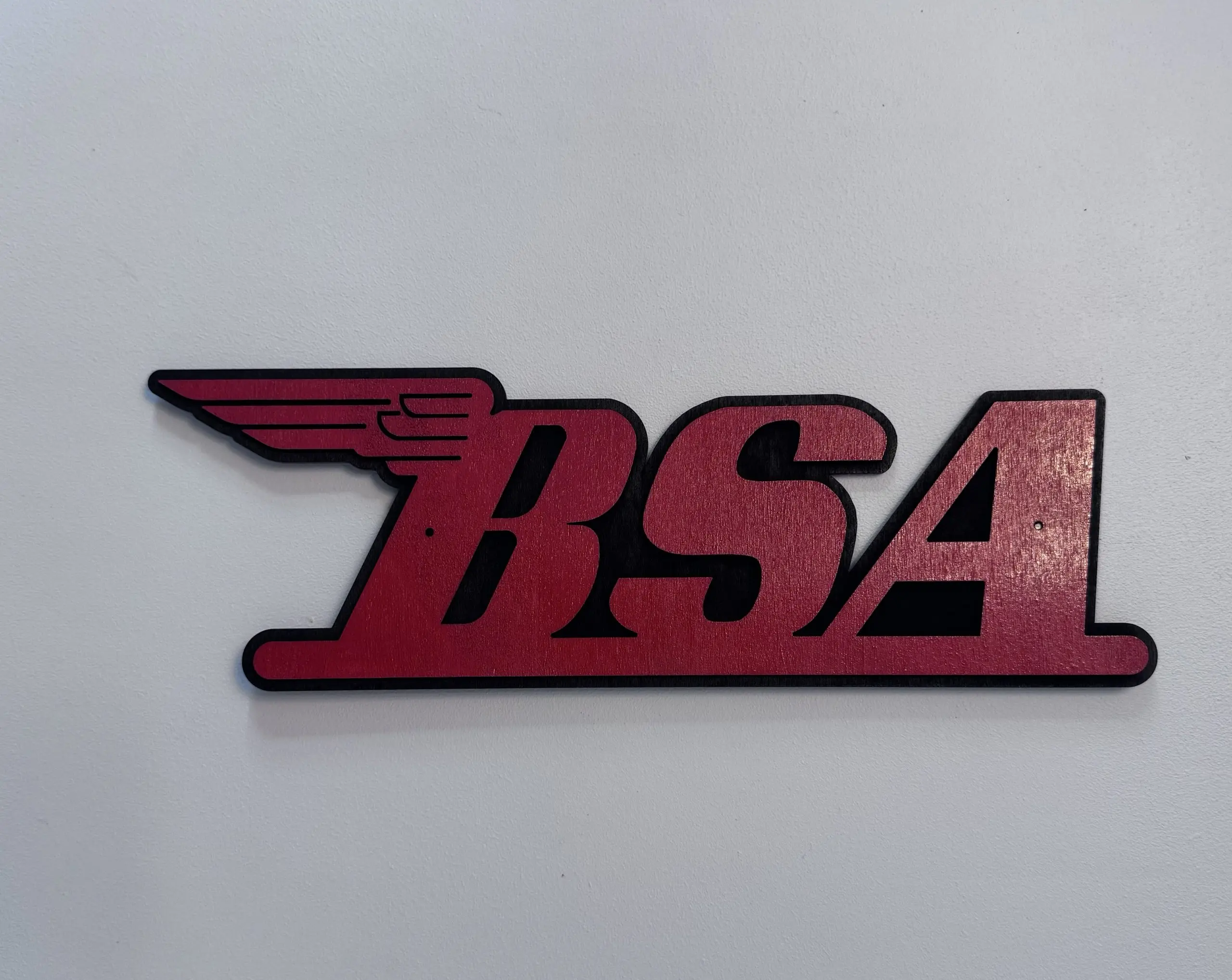 Front view of BSA logo sign, 39.5 × 12.5 cm two‑layer MDF engraved classic motorbike artwork
