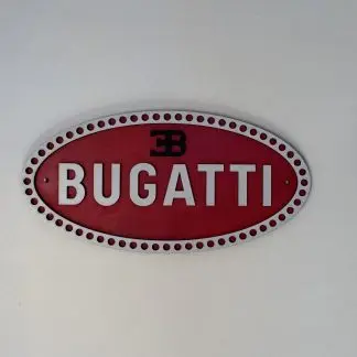 Front view of Bugatti logo sign, 29.5 × 14.5 cm two‑layer MDF engraved automotive artwork