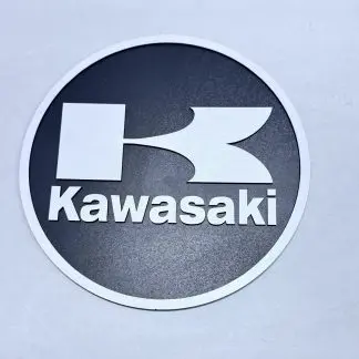 Front view of Kawasaki badge wall art, two‑layer MDF engraved motorcycle sign