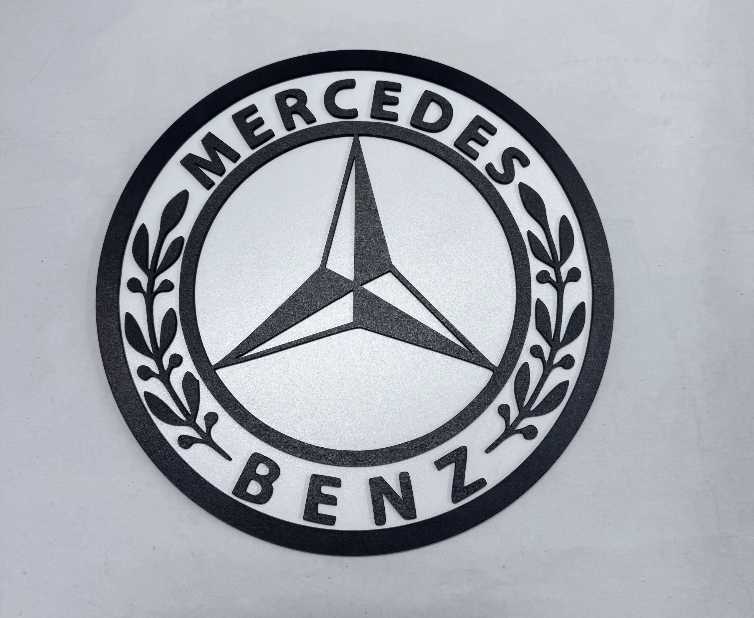 Front view of Mercedes‑Benz sign, two‑layer MDF engraved automotive artwork