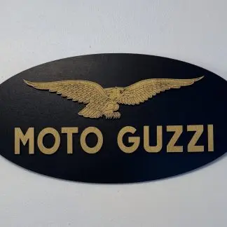 Front view of Moto Guzzi badge, 29.5 × 14.5 cm two‑layer MDF engraved motorcycle sign
