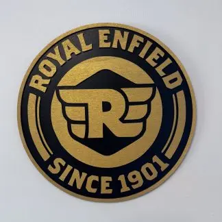 Front view of Royal Enfield badge, two‑layer MDF engraved motorcycle sign
