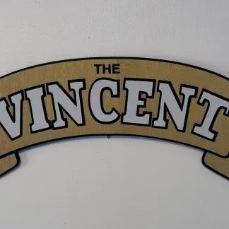 Front view of Vincent motorcycle badge, 39 × 14.5 cm two‑layer MDF engraved wall art