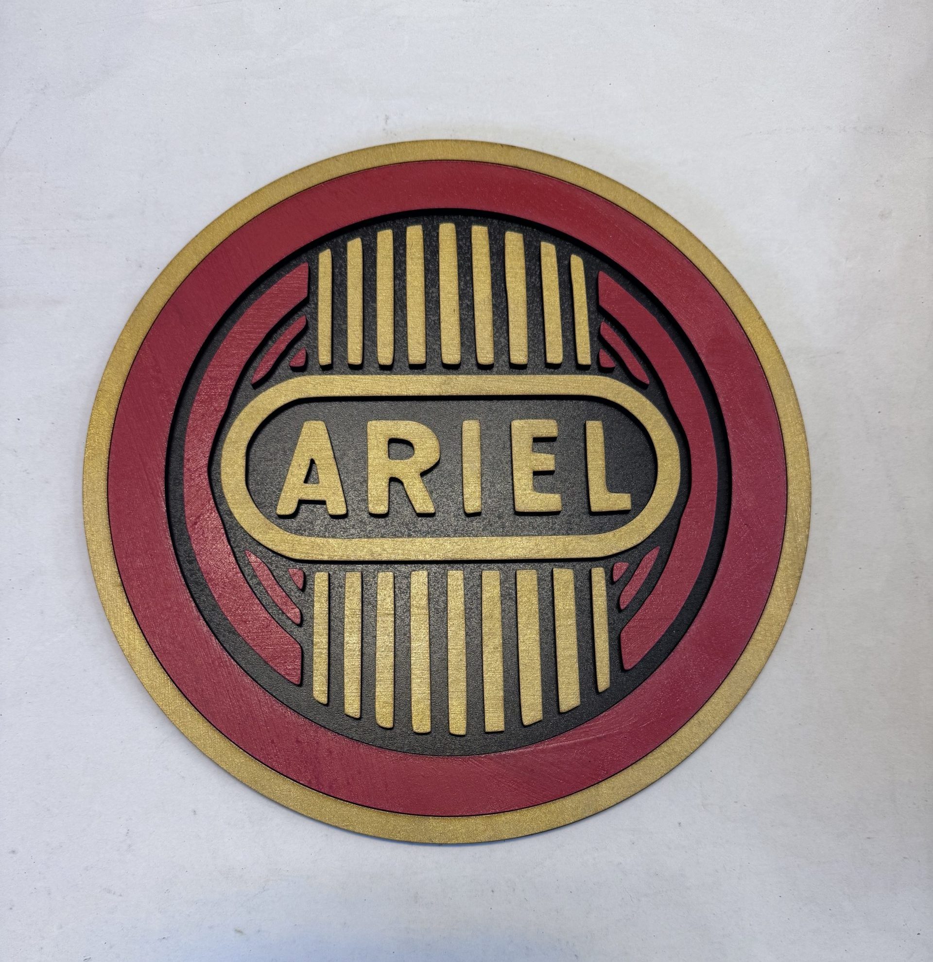 Ariel Motorcycle Wall Art – Classic Motorbike Wall Art - Boon Hill Designs - Custom Plaques, Signs & Gifts Front view of Ariel motorcycle tank badge sign, two‑layer MDF engraved classic motorbike artwork