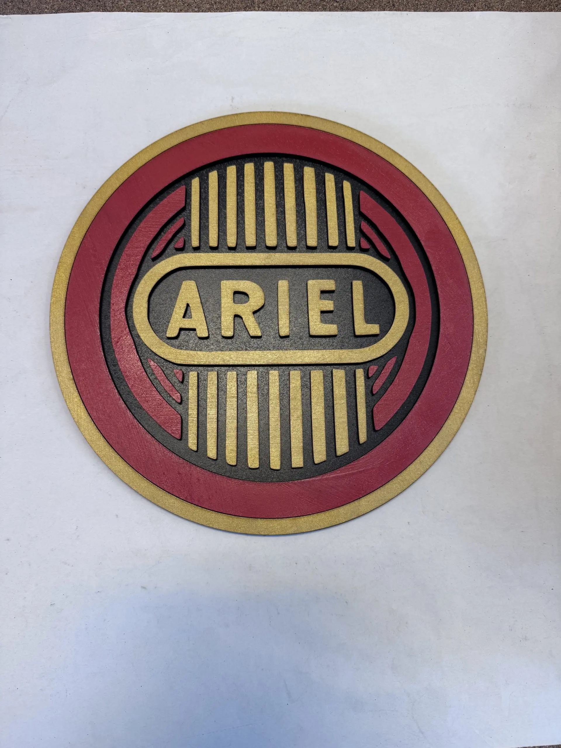 Front view of Ariel motorcycle tank badge sign, two‑layer MDF engraved classic motorbike artwork