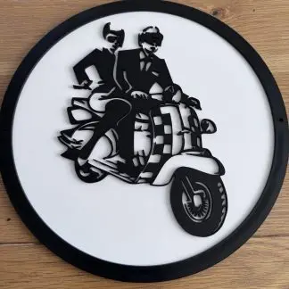 Front view of 2‑Tone ska scooter wall plaque, 12 inch two‑layer MDF engraved ska artwork
