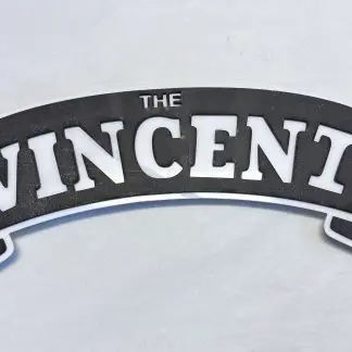 Front view of Vincent motorcycle badge, 56 × 19 cm two‑layer acrylic engraved wall art