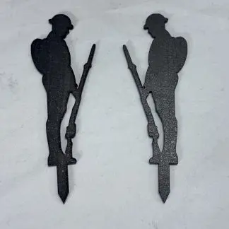 Small 18cm x 6cm gloss black acrylic 'Lest We Forget Sentry 01' stake with pair of soldiers, laser-cut by Boon Hill Designs on white background