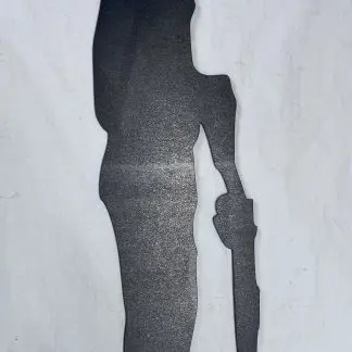 Gloss black acrylic 'Lest We Forget Sentry 02' memorial sculpture silhouette, 58.5cm x 16cm, laser-cut by Boon Hill Designs on white background