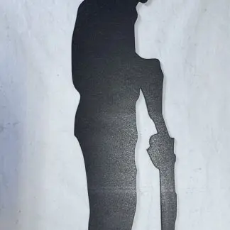 Gloss black acrylic 'Lest We Forget Sentry 03' memorial sculpture silhouette, 59.5cm x 16cm, laser-cut by Boon Hill Designs on white background