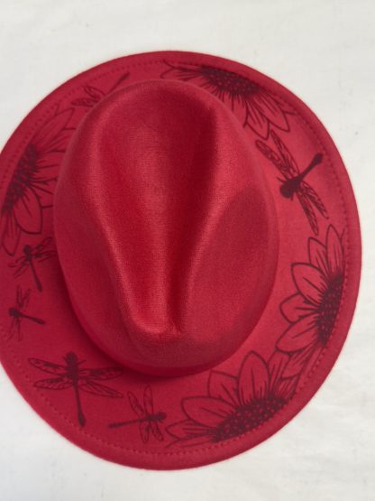 Fedora Hat with Sunflowers and Dragon Flies Engraveing.