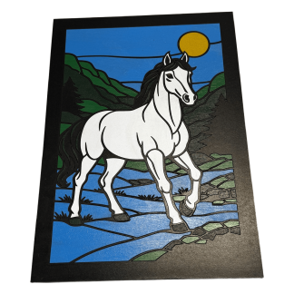 white horse faux stained‑glass panel, 37 × 26 cm inlayed MDF wall art