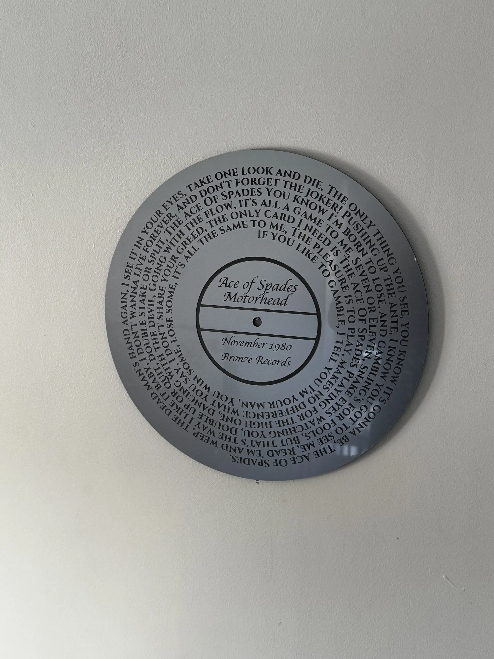 Ace of Spades Lyric Disc – Engraved Acrylic Plaque – Laser Cut – 29.5cm – Made in England