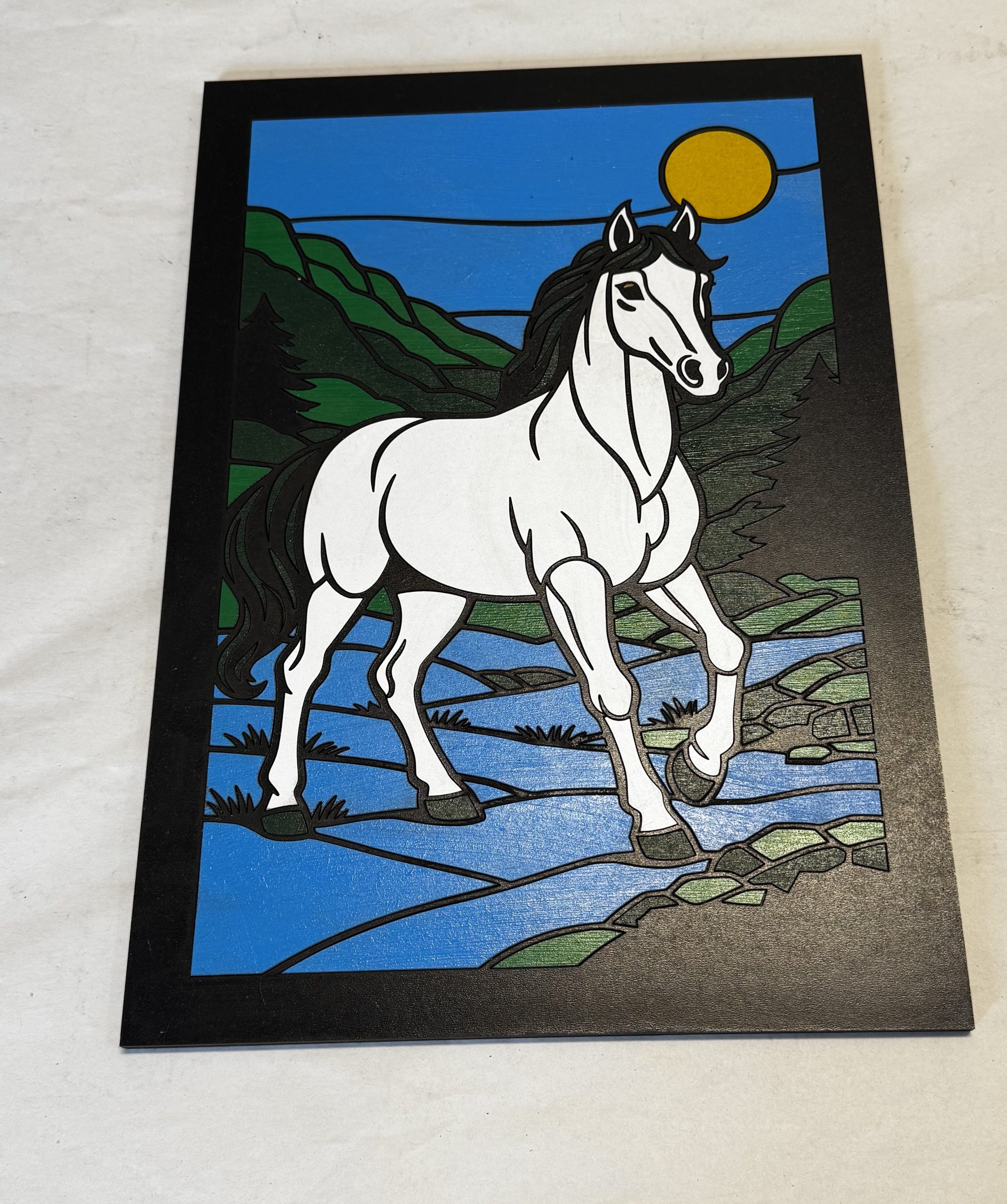 White Horse Decorative Panel – Faux Stained Glass, MDF Inlay