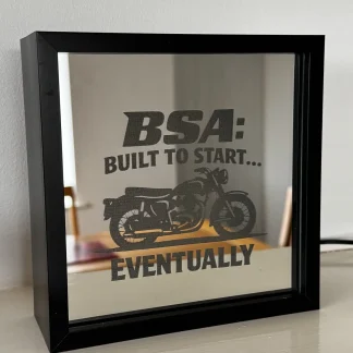 BSA Meme illuminated mirror lightbox, 150mm square, engraved acrylic panel with warm LED backlight”