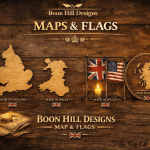 Promotional banner for Boon Hill Designs featuring wooden laser‑cut silhouettes of England, Wales, and Scotland on a rustic wood background beside miniature national flags of the UK, Germany, Canada, the USA, and Australia. The text reads “Boon Hill Designs – Maps & Flags” with a small Union Jack beneath, combining British Heritage map and flag themes in a warm, engraved style.