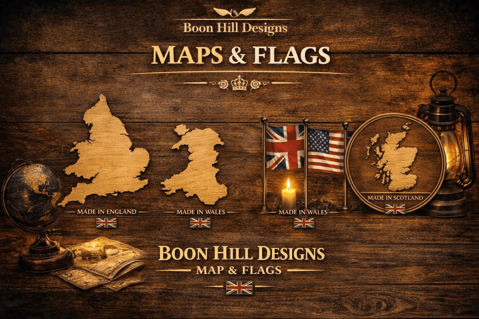 Promotional banner for Boon Hill Designs featuring wooden laser‑cut silhouettes of England, Wales, and Scotland on a rustic wood background beside miniature national flags of the UK, Germany, Canada, the USA, and Australia. The text reads “Boon Hill Designs – Maps & Flags” with a small Union Jack beneath, combining British Heritage map and flag themes in a warm, engraved style.