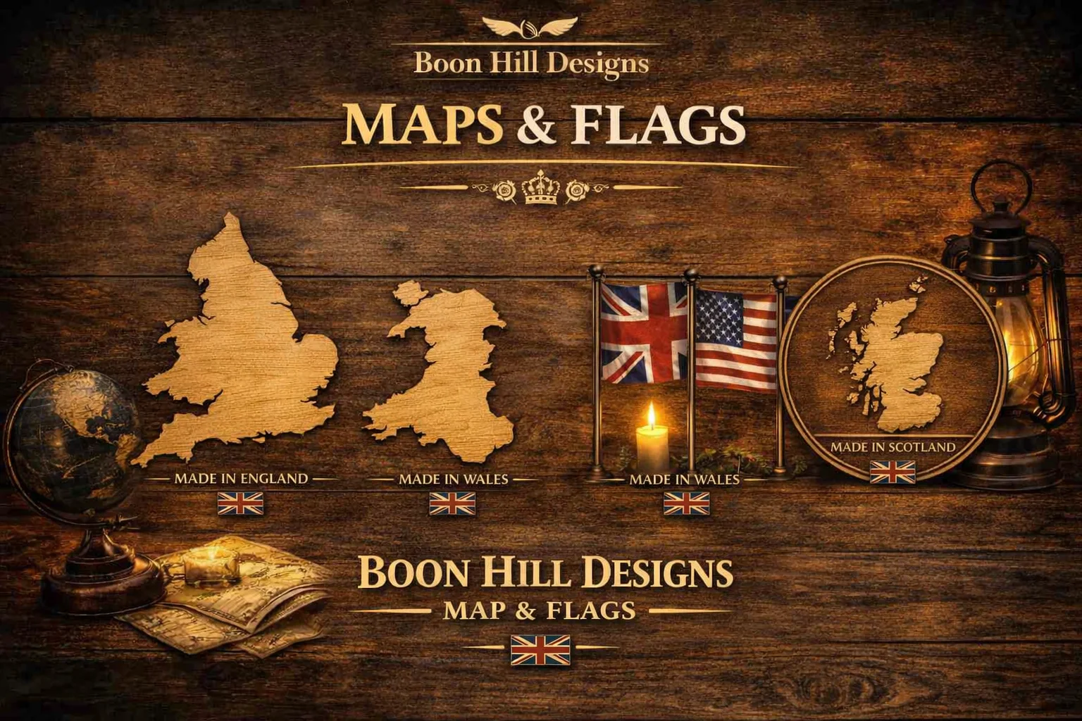 Promotional banner for Boon Hill Designs featuring wooden laser‑cut silhouettes of England, Wales, and Scotland on a rustic wood background beside miniature national flags of the UK, Germany, Canada, the USA, and Australia. The text reads “Boon Hill Designs – Maps & Flags” with a small Union Jack beneath, combining British Heritage map and flag themes in a warm, engraved style.