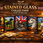 Faux Stained Glass Collection featuring engraved acrylic motifs