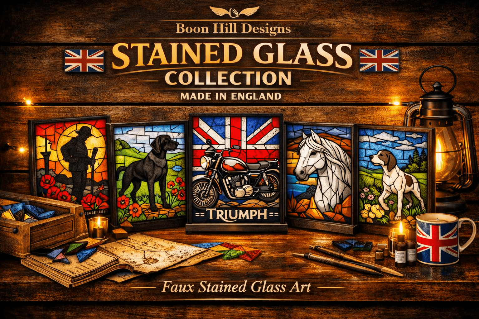 Faux Stained Glass Collection featuring engraved acrylic motifs