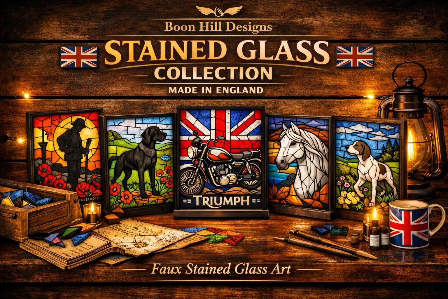 Faux Stained Glass Collection featuring engraved acrylic motifs