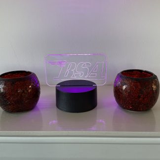 BSA motorcycle logo LED night light with 16‑colour remote‑controlled illumination on engraved acrylic panel.