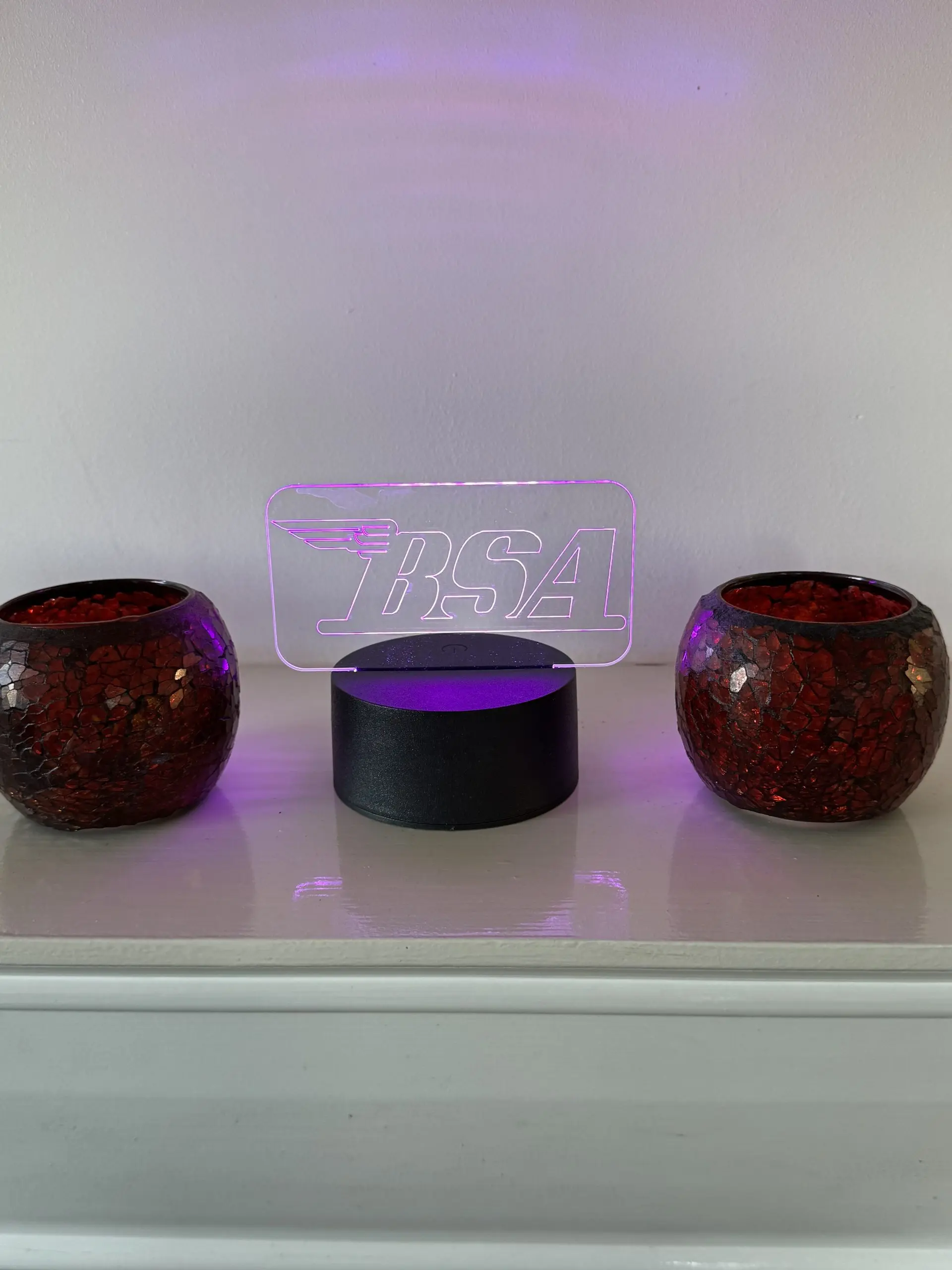 BSA motorcycle logo LED night light with 16‑colour remote‑controlled illumination on engraved acrylic panel.