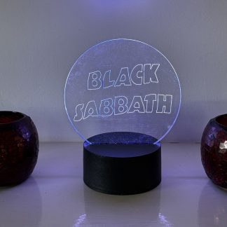 Black Sabbath logo LED night light with 16‑colour remote‑controlled illumination on engraved acrylic panel.