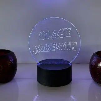 Black Sabbath logo LED night light with 16‑colour remote‑controlled illumination on engraved acrylic panel.