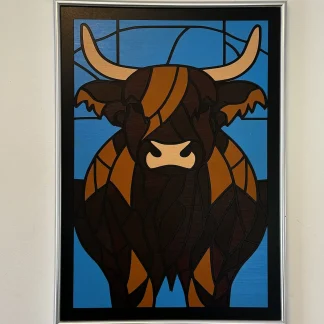 Highland Cow faux stained‑glass panel in inlayed MDF, 30 × 42 cm, rustic farmhouse wall art.
