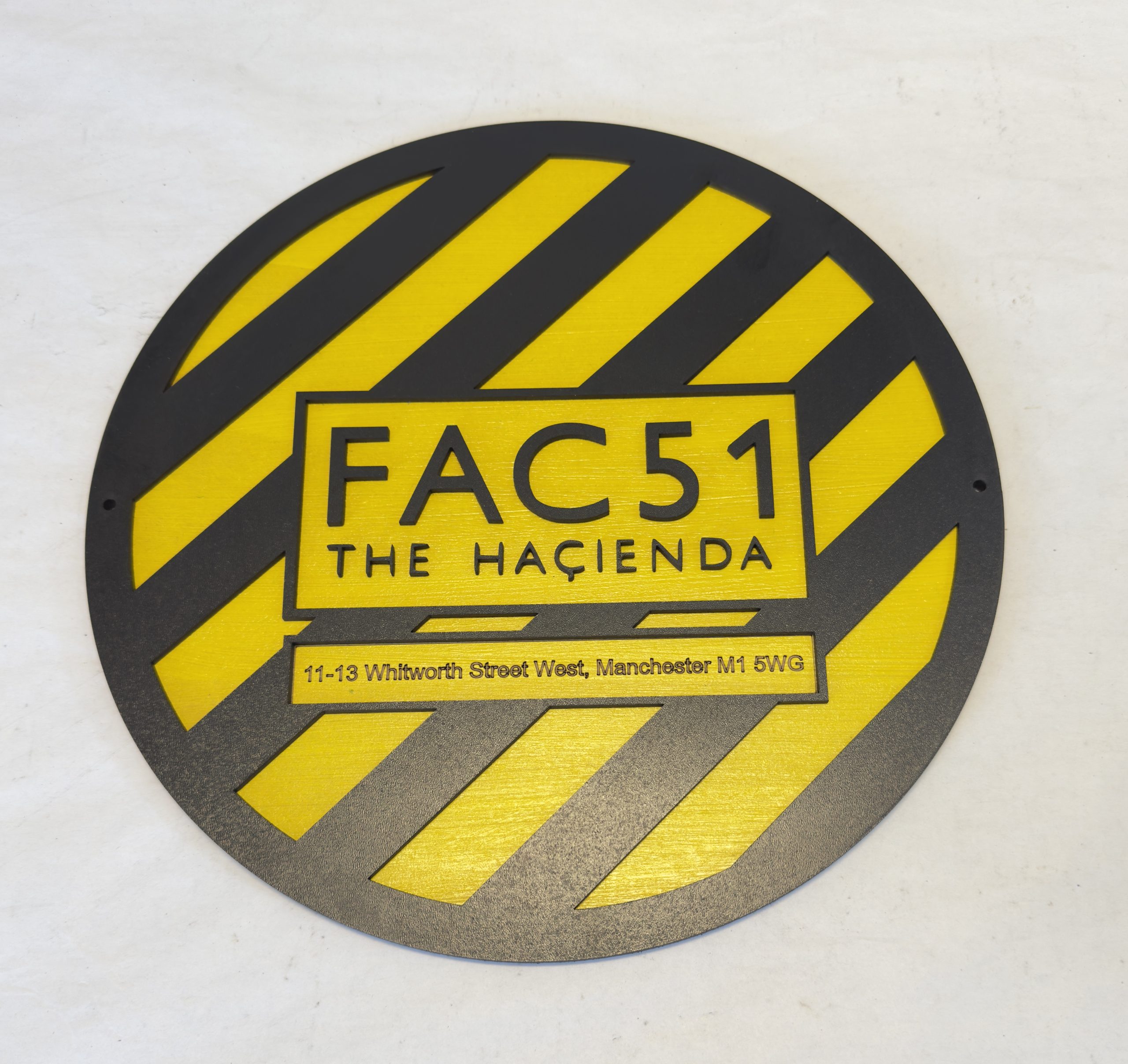 Front view of FAC51 Haçienda 12 inch two‑layer MDF plaque