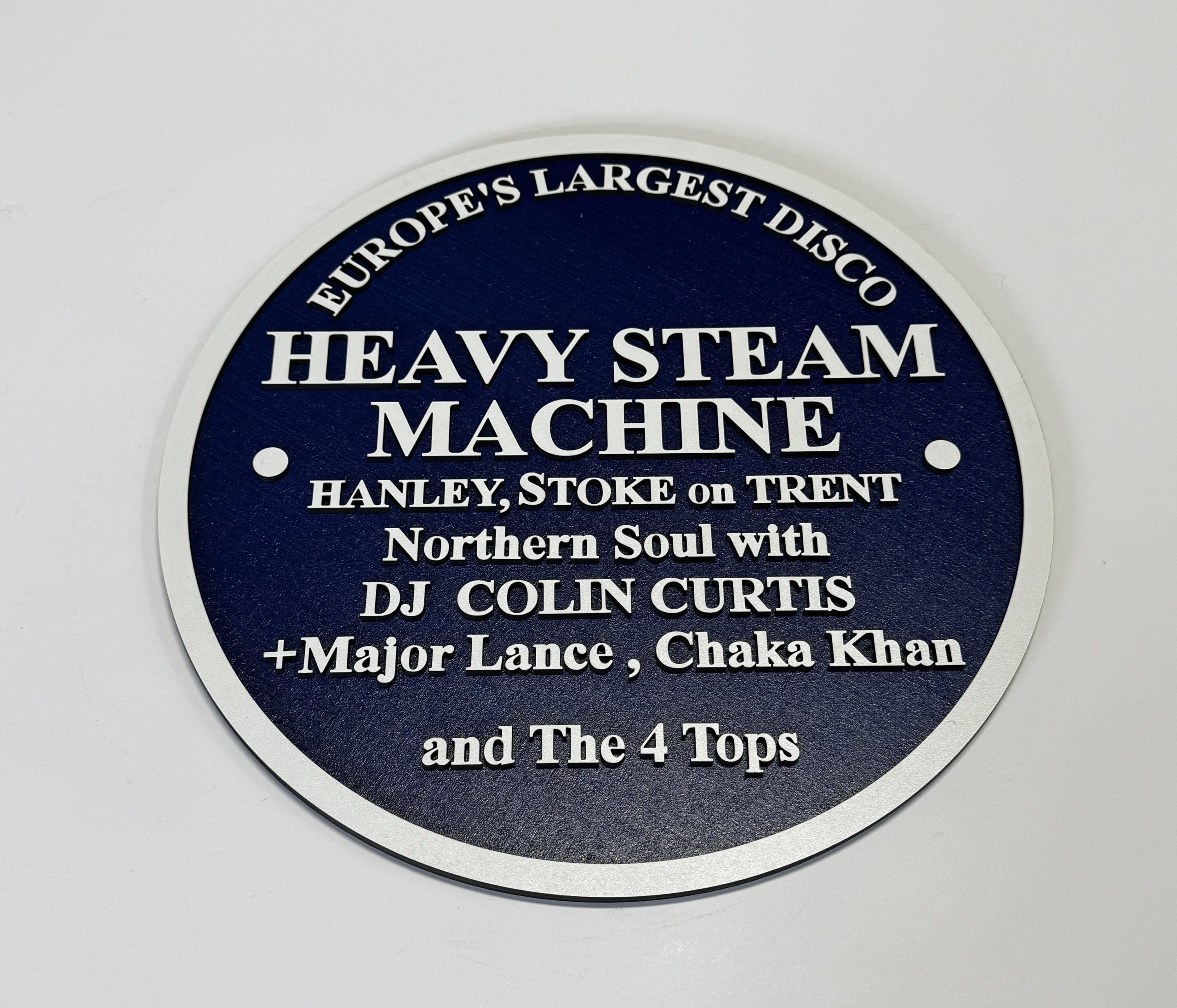 Heavy Steam Machine – Europe’s Largest Disco Blue Plaque Reproduction - Boon Hill Designs - Custom Plaques, Signs & Gifts 295mm two‑layer MDF reproduction Blue Plaque commemorating Heavy Steam Machine, Europe’s largest disco, with engraved midnight‑blue faceplate and white lettering.”