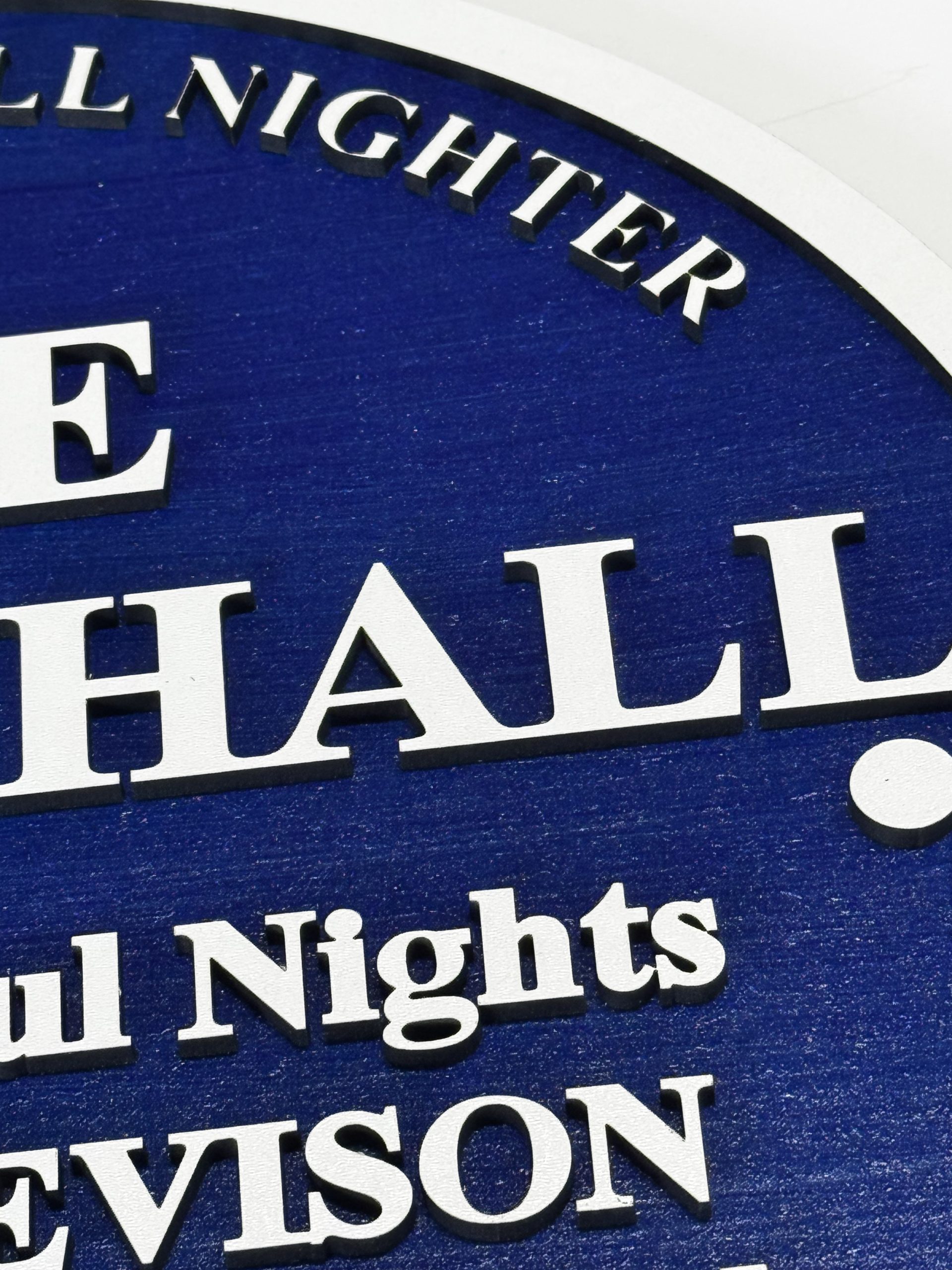 The King’s Hall – Home of the All Nighter Blue Plaque Reproduction - Boon Hill Designs - Custom Plaques, Signs & Gifts MDF reproduction Blue Plaque commemorating The King’s Hall Northern Soul all‑nighters with DJ Dave Evison, engraved midnight‑blue faceplate and silver lettering.