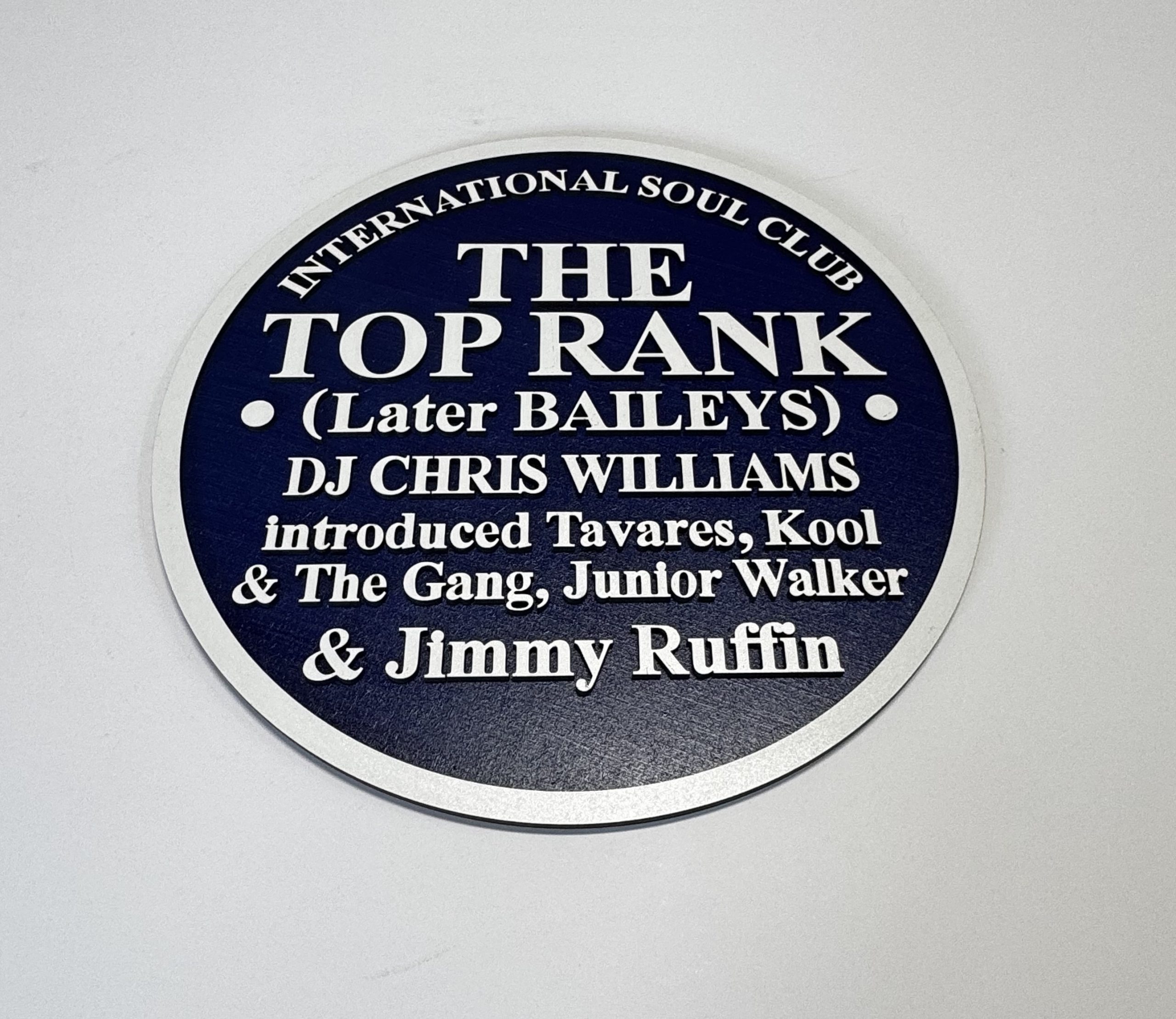 The Top Rank – International Soul Club Blue Plaque Reproduction. - Boon Hill Designs - Custom Plaques, Signs & Gifts The Place, the UK’s first discotheque, with engraved midnight‑blue faceplate and silver lettering.”