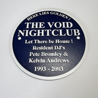 The Void Nightclub with resident DJs Pete Bromley and Kelvin Andrews, engraved midnight‑blue faceplate and white lettering.