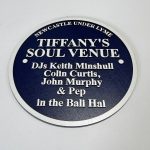 Reproduction Blue Plaque commemorating Tiffany’s Soul Venue in Newcastle‑under‑Lyme with DJs Keith Minshull, Colin Curtis, John Murphy and Pep, engraved midnight‑blue faceplate and white lettering.