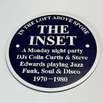 Reproduction Blue Plaque commemorating The Inset Venue in Stoke-on-Trent. midnight‑blue faceplate and white lettering.