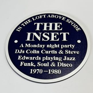 Reproduction Blue Plaque commemorating The Inset Venue in Stoke-on-Trent. midnight‑blue faceplate and white lettering.